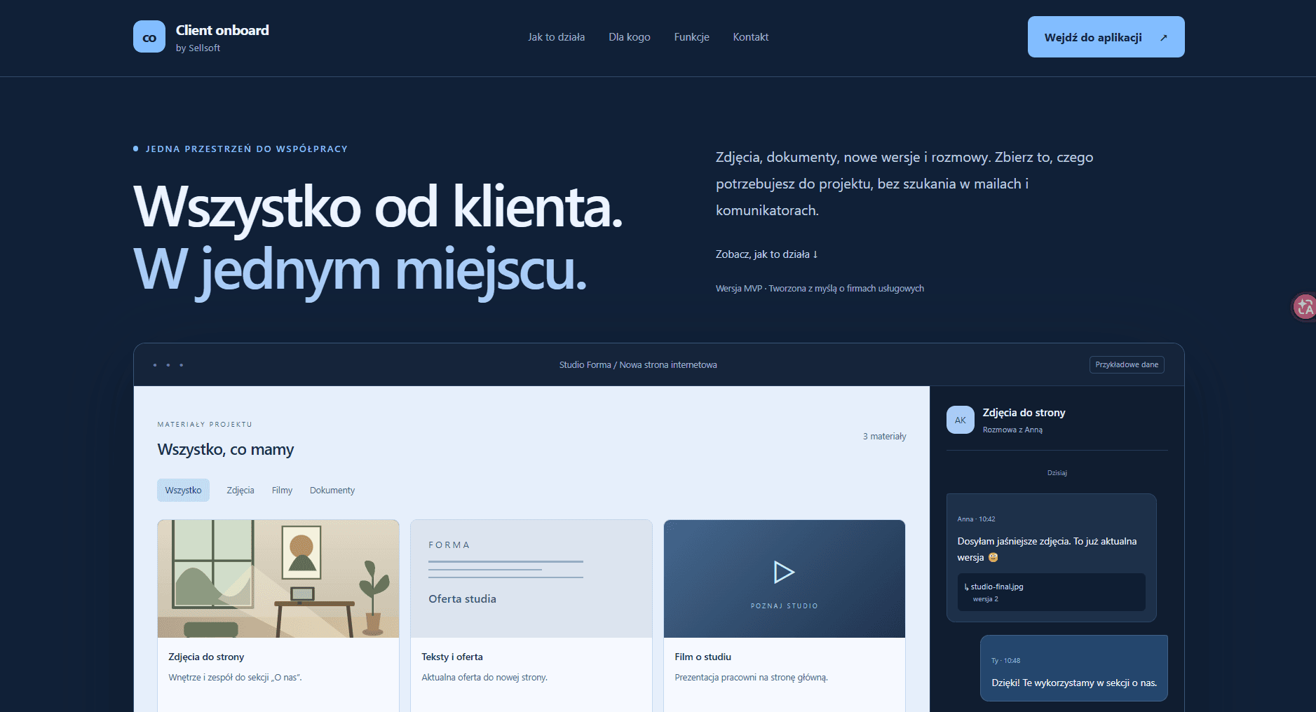Strona Client Onboard z podglądem materiałów projektu i rozmowy z klientem